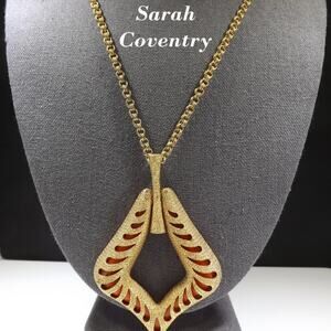 Sarah Coventry Gold Tone Pendant Necklace, Removable Orange Lucite Insert, 1970s